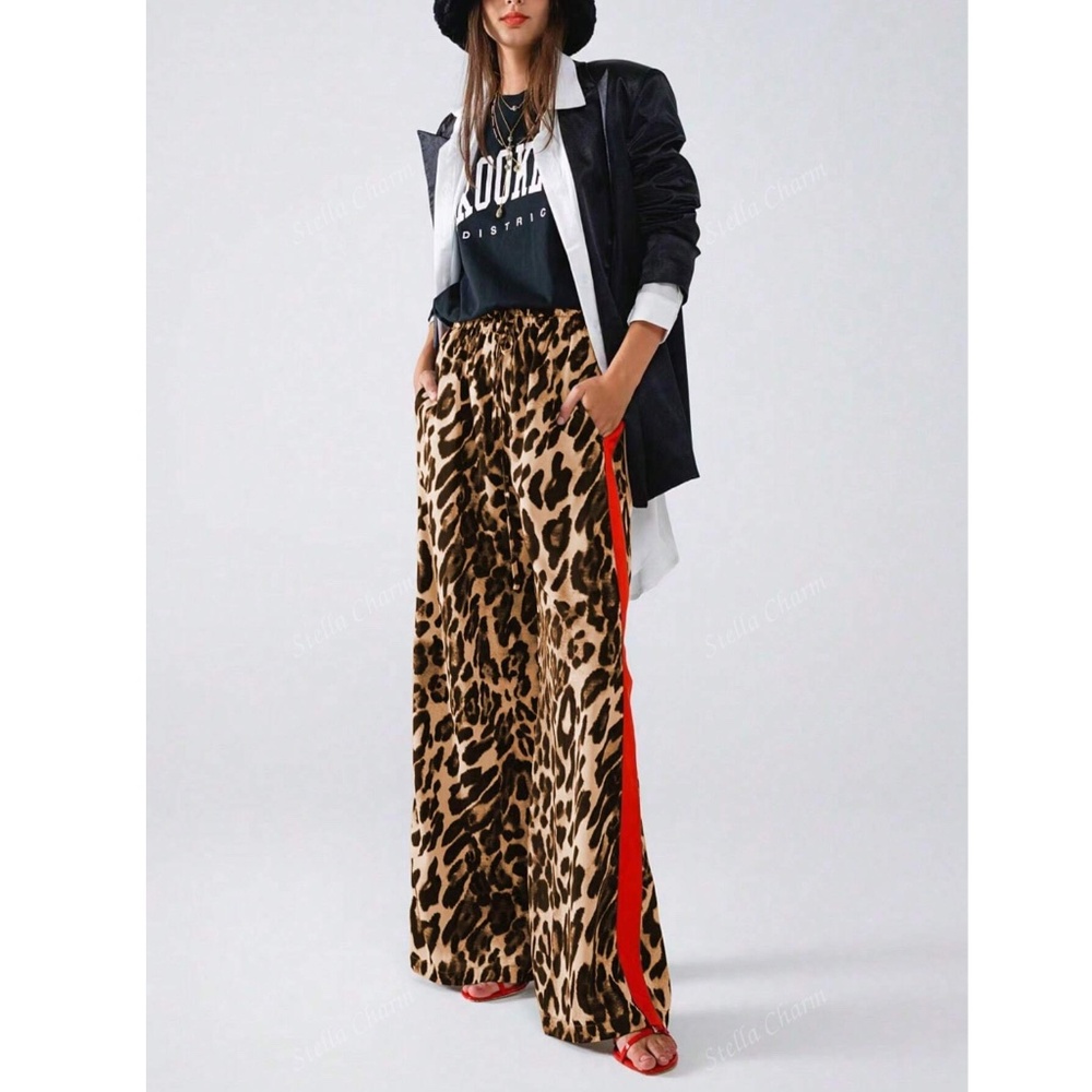 Leopard Cheetah Animal Print Red Stripe Faux Tie Front Loose Wide Pants - Picture 3 of 8